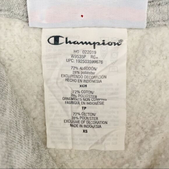 Champion logo hoodie light grey red navy stripe cuffs hem pullover ribbed XS - Picture 7 of 10